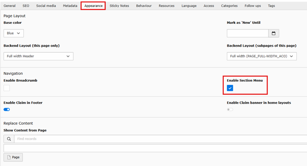 Toggle Element inside the Appearance Tab of page properties