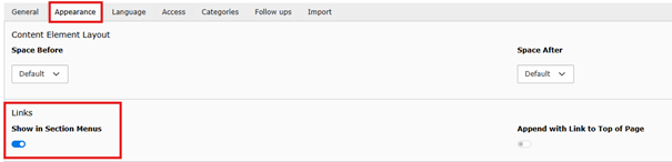"Show in section menu" toggle on each element has to be enabled